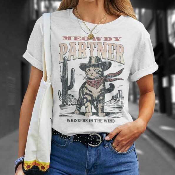 Meowdy Partner Cowboy Cat Vintage T-Shirt – Saddle Up for Feline Fun!