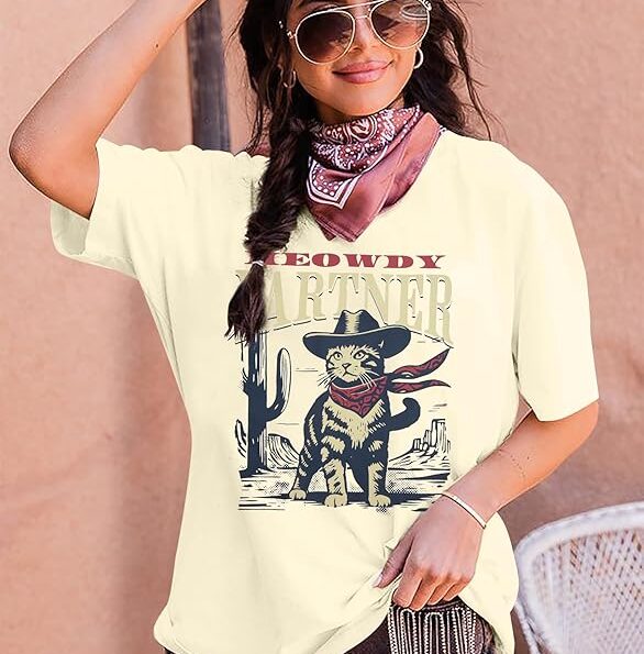 Meowdy Partner Cowboy Cat Vintage T-Shirt – Saddle Up for Feline Fun!